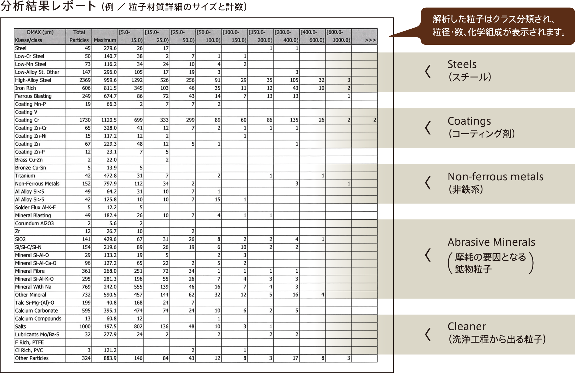 分析結果レポート （例 ／ 粒子材質詳細のサイズと計数）