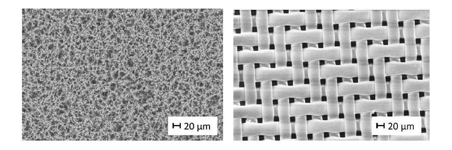 発泡膜フィルターとメッシメン膜フィルターの構造比較（VDA19.1）
硝酸セルロー発泡膜フィルター（8μm） PET メッシュフィルター（15μm）